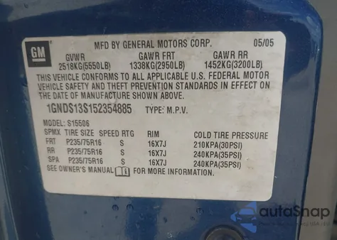 2005 Chevrolet Trailblazer Ls из США, поврежденный, VIN 1GNDS13S152354885